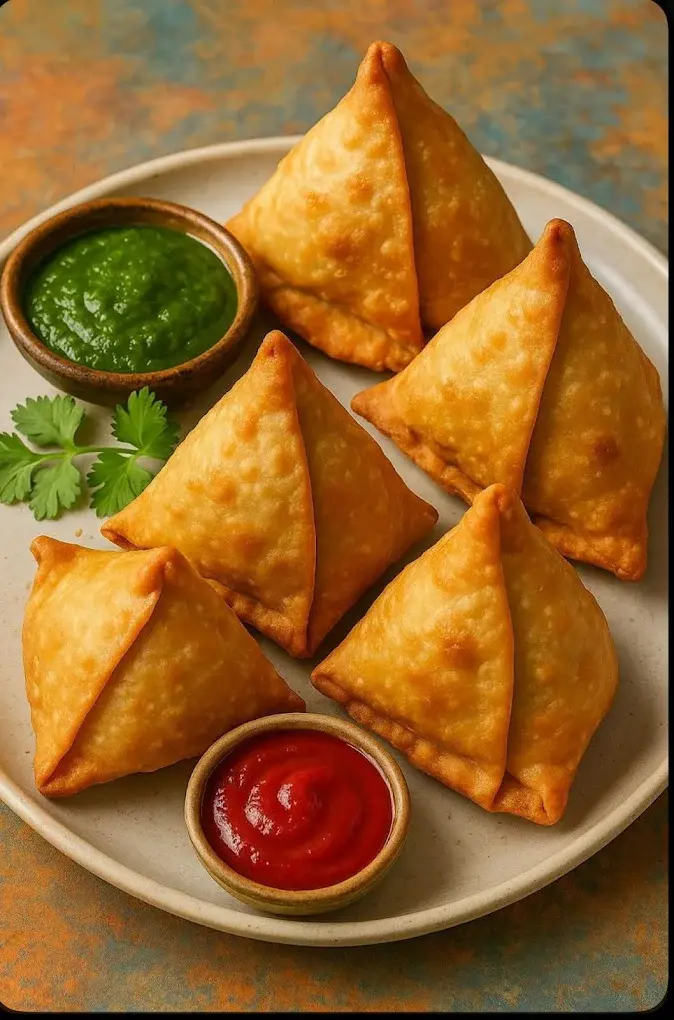 Samosa with mint and tamarind sauce at Delhi Cafe in Edmonton, AB